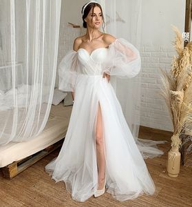 Vestido De Novia Yeni Gelin Abiye Ayrılabilir Puf Kollu Gelinlik Boncuk Kapalı Omuz Tül Boho Split 2022