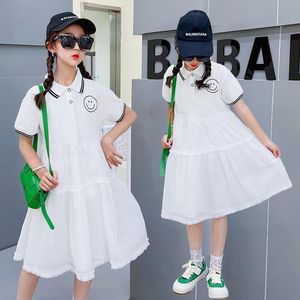 Kız Elbiseleri Yaz Elbise Kız Beyaz Kısa Kollu 2022 Genç Çocuklar Prenses Moda Trun-down Yaka Okul Çocuk GiyimGirl's