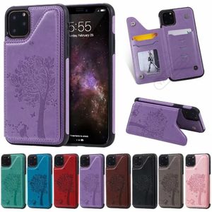 Shockproof Phone Cases for iPhone 13 12 11 Pro X XR XS Max 7 8 Plus Cat and Tree Embossing PU Leather Kickstand Protective Wallet Case with Card