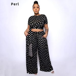 Mulheres plus size tracksuits Perl Vintage Wave Dot Crop Top Pants Soled Summer Roupet Women Matching Set Moda Fashion Two Piece Tracksuit 3x