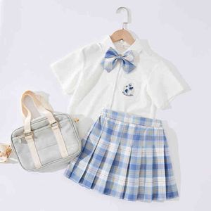 Yeni Yaz Toddler Kız Denizci Tarz Kıyafetleri Tatlı Sevimli Moda Çocuklar Bebek 2 Parçalı Takımlar Bebek Yay Gömlek Pileli Etek G220509