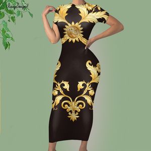 Noisydesigns Роскошное облегающее платье с цветочным узором женское летнее золотое сексуальное платье с коротким рукавом Femme Beach Big 4XL Прямая поставка 220627