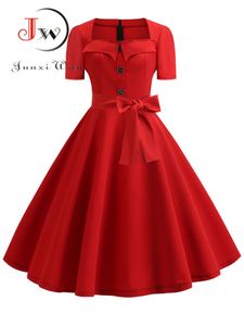 Kadınlar Yaz Elbise Zarif Retro Vintage 50 S 60S Robe Rockabilly Salıncak Pinup Elbiseler Rahat Kırmızı Parti Vestidos 220418
