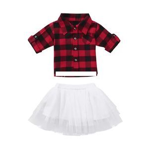 Natal bebê meninas roupa infantil vermelho xmet top + tutu lace saias 2 pçs / conjunto moda outono xmas crianças treliça conjuntos de roupas