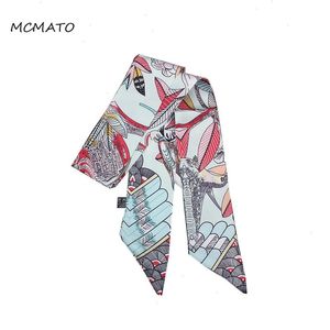 Дизайн перо птицы листья печати женщина шелковая шарф -шарф сумка для ленты ленты моды маленькая длинная шарф