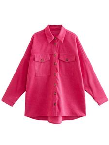 Giacche da donna 2022 Fashion Women Rose Red Velluto a coste Overshirt Tasche vintage Giacca monopetto da donna in autunno Top larghiDonna