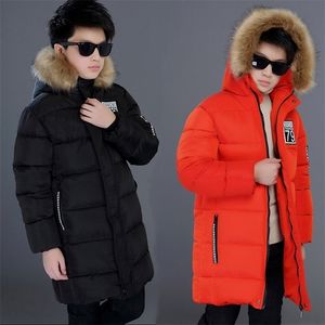 4-14y подростки для мальчиков с верхним пальцем густой теплый меховой воротник Длинный мальчик, детская куртка с капюшоном, хлопковое пальто LJ201125