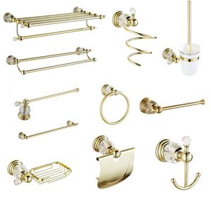 Set di accessori da bagno Accessori da bagno in oro lucido Decorazione in cristallo bianco Hardware Porta asciugamani doppio in ottone massiccio Bagno