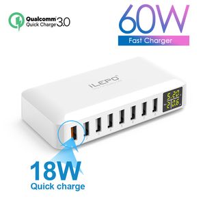 USB Charger 60W 8 Port Fast QC3.0 Smart Quick Charge LED -дисплей Multi Charging Station Mobile Phone Desktop Home для смартфона и т. Д.