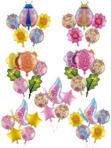 5pcs Kelebek Lady Bug Helyum Balonlar Set Çiçekler Yapraklar Balon Balon Düğün Bahçesi Dekorasyonu Bebek Duş