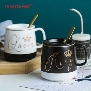 Схема в золотой керамической кружке с крышкой Spoon Cup Catten Coffee Mugs Office Drinkware Пара подарок LJ200821