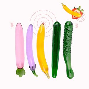 Vidrador de vidro satisfazeador pênis artificial realista brinquedos sexy para mulheres masturbador vegetal de frutas plug de butt anal plug