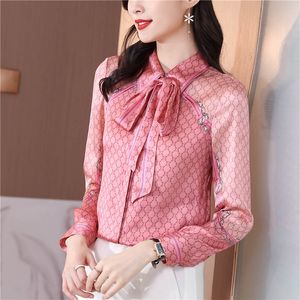 2022 kadın moda baskı pembe bluzlar uzun kollu vintage şerit bow gömlek bayanlar klasik yaka düğme gömlekleri bahar sonbahar kadın giysi tasarımcı bluz sevimli üstler