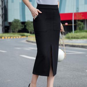 Gonne 2022 Summer Ladies Office Work Wear Elegante Split Midi Women Vita alta Stretch Slim Black Pencil Skirt Plus Size X400