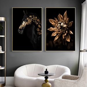 Altın Çiçek ve Siyah At Tuval Boyama Modern Oturma Odası Dekorasyon Posterler Ev Tasarım için Duvar Sanatı Resimleri Baskılar