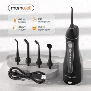 Mornwell Portable Oral Irrigator With Travel Bag Water Flosser USB Rechargeable 5 Nozzles Water Jet 200ml Water Tank Waterproof 220727