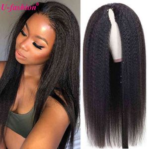 Kinky Straight v U Part Wig Human Hair не оставляйте безрассудный бразильский клей yaki для женщин 220707