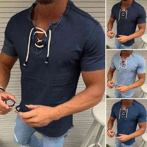 Erkek Moda Dantel V Hafta Gömlek Tassel Denim Yaz T-Shirt Ön Kısa Kollu Gömlek Kazak Kazak Üst Erkek Giyim Y220426