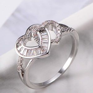 Anéis de casamento Crystal Zircon Double Heart Ring Ladies Charm Fashion Metal Jewelry Engagement Party Giftwedding Weddingwedding Edwi22