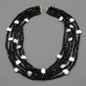 Zincir Mücevher 6 Strands Doğal Beyaz Keshi İnci Siyah Yüzlü Kristal Kolye El Yapımı Çok Moda Jewelrychains