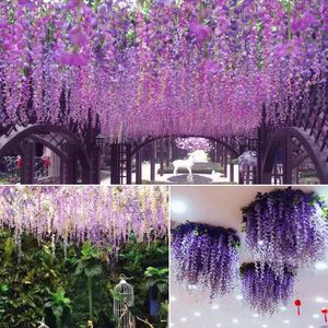Ghirlande di fiori decorativi Fiore di glicine artificiale Finto viola da soffitto Vite da appendere per interni Decorazione di nozze Rattan di plastica