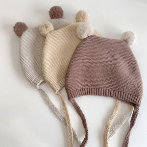 Зима-весна, вязаная крючком детская шапка с мягким помпоном, шапочка для малышей, однотонная детская вязаная теплая шапка, DE648