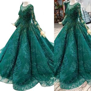 2022 Vintage Emerald Yeşil Balo Elbise Quinceanera Elbiseler Uzun Kollu İllüzyon Kristal Boncuklar Tam Dantel Gece Partisi Gowns Özel Yapım