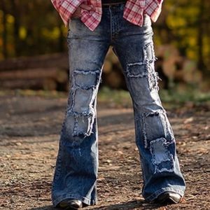 Мужские колокольчики джинсы Bootcut Bunders Vintage Patchwork огорченные брюки с полосами