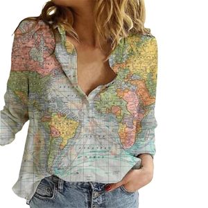 Kadınlar Uzun Kollu Dünya Haritası Baskı Gömlek Yaka Giyim Alışveriş Seyahat Casual Rahat Işık Ve Zarif Moda Güzellik 220408