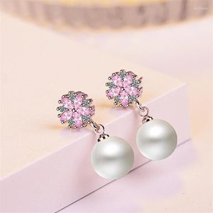 Stud Charm 925 Sterling Silve Küpe Kadınlar için Zarif Kiraz Çiçekleri Küpe Lüks Pembe Cz Kristal İnci Jewelrystud Moni22