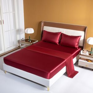 Wholesale bed covers king size resale online - 3 Luxury Fitted Sheet Set Wine Red Color Single Size Bedcloth for Summer Quality Silky Queen King Bed Cover With Pillowcase