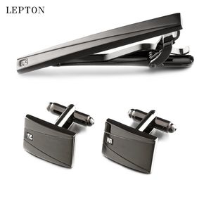 Lepton Classic Black Brush Mens Cufflinks and Tie Clip Set for Business