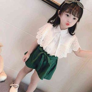 Yaz Kız Giyim Setleri Kore Katı Kıyafet Bebek Moda Beyaz Tops + Bow Şort 2 PCS Yenidoğan yürümeye başlayan çocuk kıyafetleri 2-7y G220509