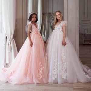 Blush Pink Flower Girl Dress 2022 Applique in pizzo Tulle Ballgown Kid Compleanno Abito da festa formale Infant Toddler Floor-Length Prima Comunione Battesimo Boho Wedding