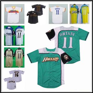 Masculino Japão Hokkaido Nippon Ham Fighters #16 Shohei Ohtani #11 Camisa de Beisebol Costurada Branco Preto Verde Alternativo Uniformes de Fãs Personalizados