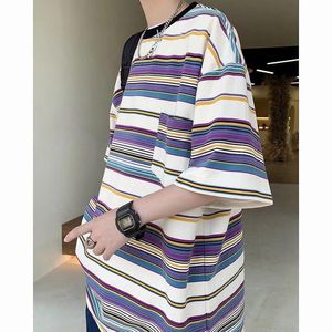 T-shirts masculinos Men 2022 Summer Summer Striped Sleeved Camiseta Longe Longe Commuter Style Trend Trend Topsmen's Topsmen's