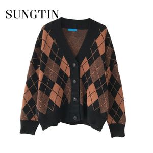 Sungtin V Boyun Renk Bloğu Argyle Sweater hırka tek göğüslü kadınlar düşme siyah beyaz vintage dış giyim üstleri Kawaii 220812