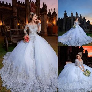 Abito da sposa di lusso lucido con perline paillettes maniche lunghe abito da ballo sexy abiti da sposa in raso di pizzo su misura