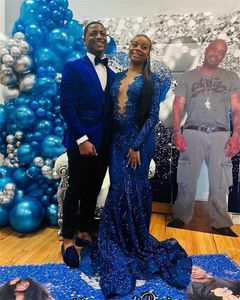 Aso Ebi African Royal Blue O Neck Long Prom Dresses For Black Girls 2022 Sequined Evening Dress Appliques Birthday Party Gowns