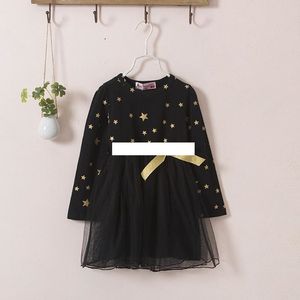 Bebek Kız Yıldız Elbise Çocuk Uzun Kollu Yay Dantel Tül Prenses Elbiseler İlkbahar Sonbahar Çocuk Giyim