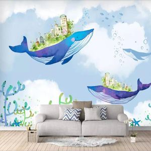 Papéis de parede MILOFI Custom 3D Papel de parede mural Nórdica desenho animado Baleia infantil Bordado de fundo Wall Living Bedroom Pintura Wawa
