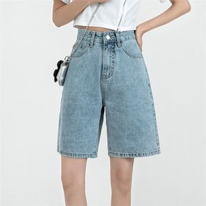 ZHISILAO Solid Knee length Denim Shorts Women Boyfriend Casual High Waist Wide Leg Jeans Summer 220629