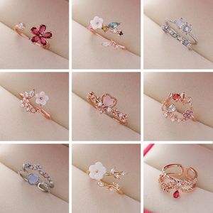 Fashion Crystal Zircon Rings Sweet Flower Leaf Butterfly Adjustable Open Female Wedding Engagement Jewelry Gift 220719