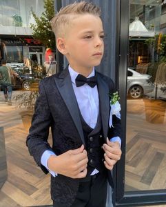 Boys' Black Formal Suit Set - Elegant Patterned Tuxedo with Jacket, Vest, Pants for Weddings, Proms & Parties