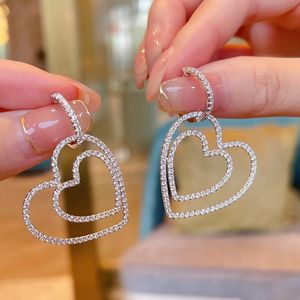 choucong marka sarkan küpe tatlı sevimli basit moda mücevher 925 STERLING Silver Pave 5a kübik zirkon cz elmas çifte kalp kadın damla küpe hediye