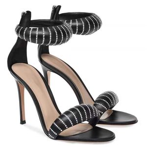 Sandálias Gianvito Rossi de alto nível decoradas com strass 10,5 cm Sapatos de vestido de banquete para mulheres designer de luxo Sandálias com alça de pé salto alto Calçado com zíper traseiro