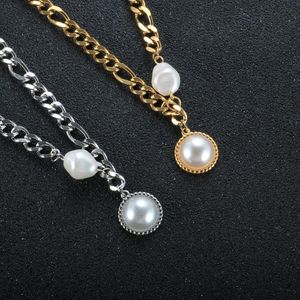 Pendant Necklaces Luxury Freshwater Pearl Link Chain Necklace For Women Men Fashion Stainless Steel Elegant Sweater Clavicle JewelryPendant