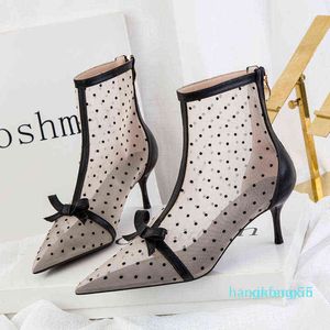 Сапоги сандалии женщин дизайнерская корейская версия Bow Dot Angle Boots Sexy Mesh Hollow Lider High High High High Lady Shoes Boots Boots