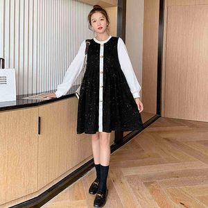 Bahar Siyah ve Beyaz Patchwork Gevşek Hamile Pulları Örgü Elbise Uzun Kollu Moda Hamile Kadın Resmi Giyim Toptan J220628