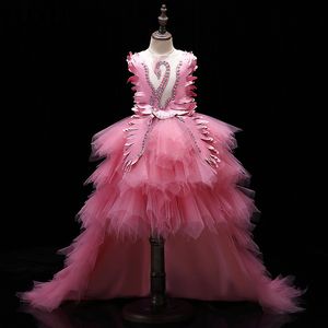 Artı Boyut Kız Pageant Elbise Sıcak Pembe Güzel Katmanlar Organza Etek Sırtsız Düzensiz Uzun Tren Tutu Kids Resmi Gowns Partisi Gençler İçin Ünlü Elbise